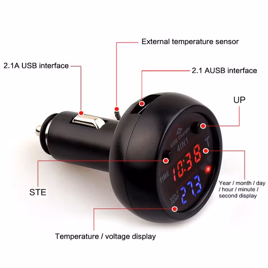 Car USB Charger 2.1A, Thermometer Battery Digital Monitor Voltmeter, Calendar Datetime Clock Display 12V